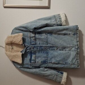 Topshop Borg Denim Acid Wash Jacket with Sherling Lining Y2k Size 0 Oversized
